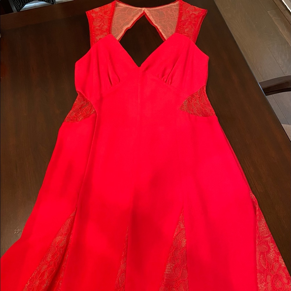 Max and Cleo Red-Orange Godet Keyhole Dress